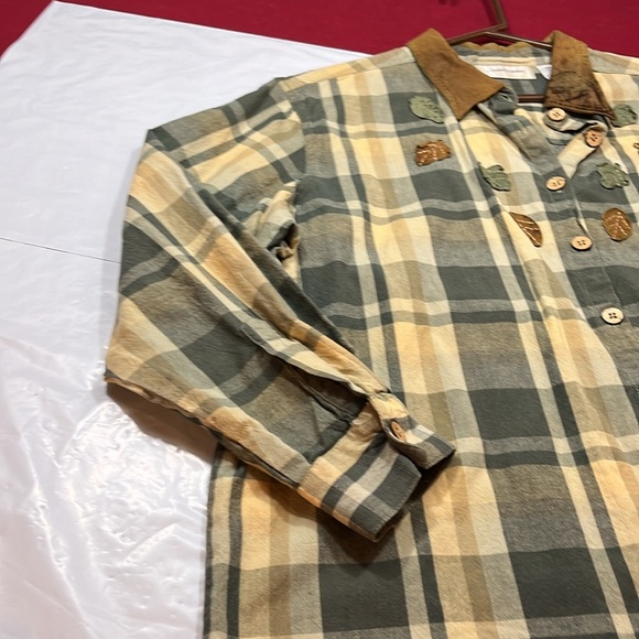 Lemon grass FALL LEAVES autumn thanksgivjng plaid SHIRT leather collar size 20 - Picture 7 of 16